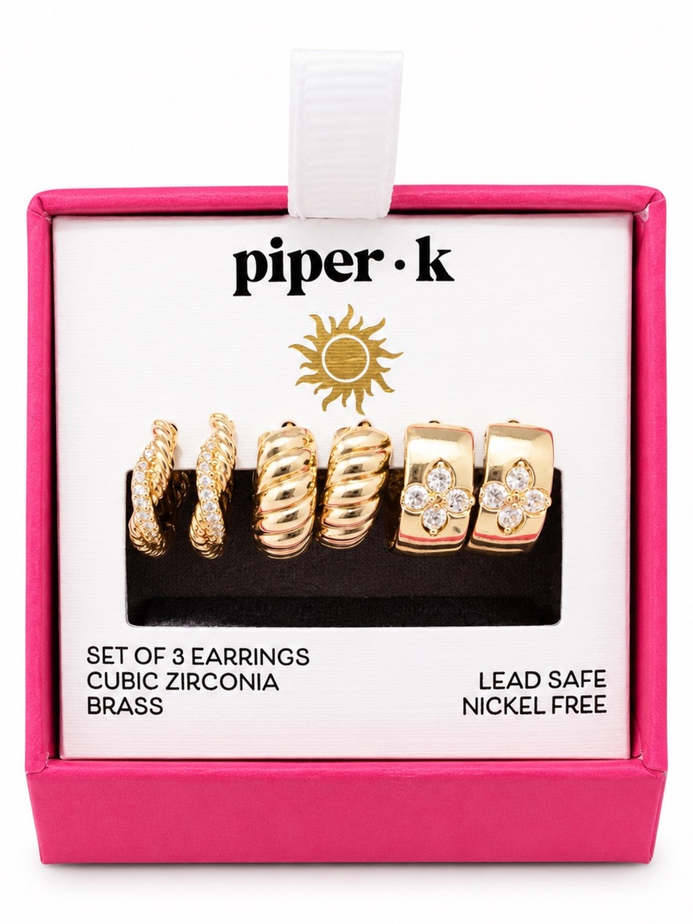 Piper K Gold Tone CZ Hoop Earrings Set of 3 Sparkly Stackable Huggie Gift NWT